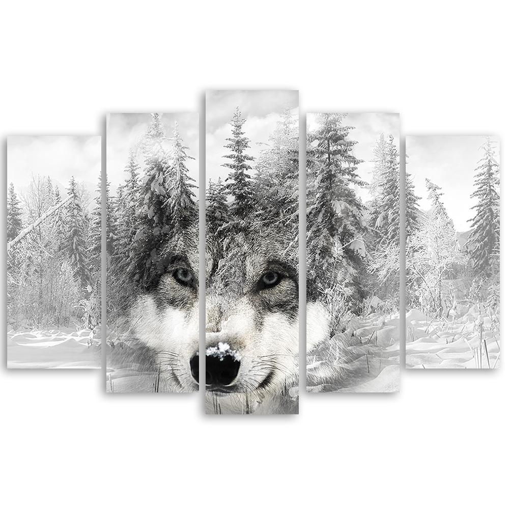 Femdelad bild canvasprint Varg Skog Natur Grå