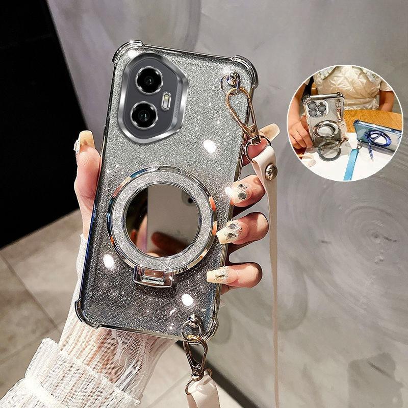 Crossbody Lanyard Shockproof Glitter Plating mirror Magsafe Holder Case For Huawei Honor 300 200 100 90 Lite 80 70 60 Pro Cover