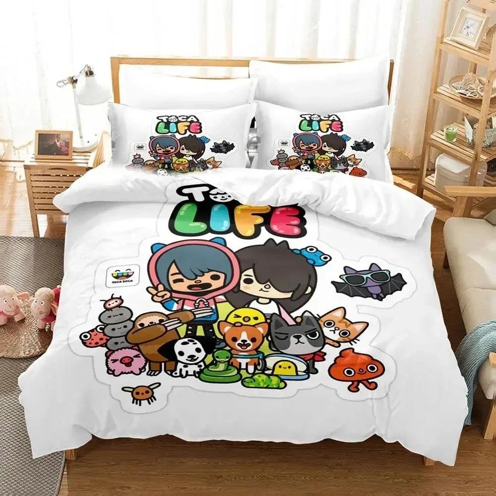 Jogo de desenho animado Toca Life World Conjunto de cama Capa de edredom Conjunto de cama Capa de edredom Fronha Edredom King Queen Size Meninos Adultos