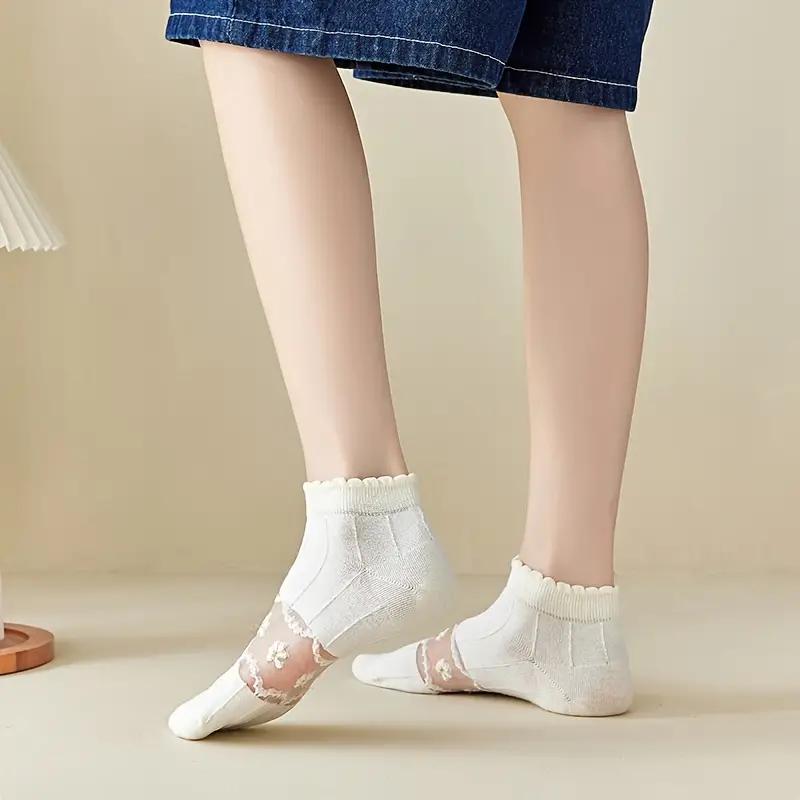 5pairs Retro Cottage Style Textured Floral Socks , Ruffle Trim Cute Socks For Dresses , Women's Stockings & Hosiery