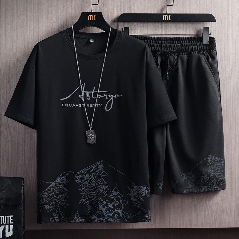 Men's Summer Slim Fit Snow Mountain Print Two-Piece Sports T-Shirt Suit