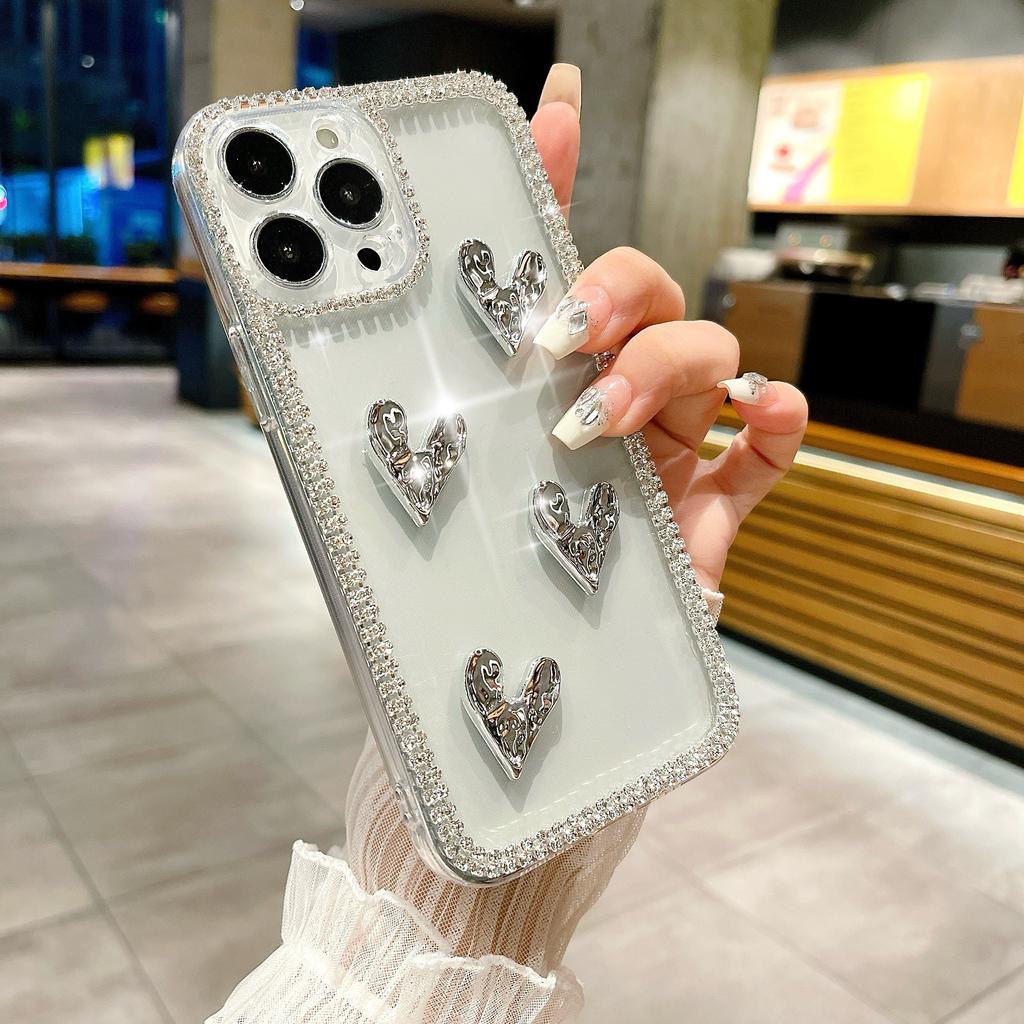For iPhone 16 Pro Case Rhinestone Edge Electroplating Heart Shape Decor Soft TPU Phone Back Cover