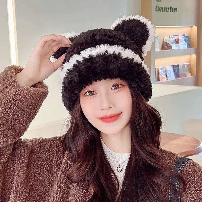 Striped knitted cute plush can be used as a bag hat versatile ear protection warm autumn and winter color matching new models