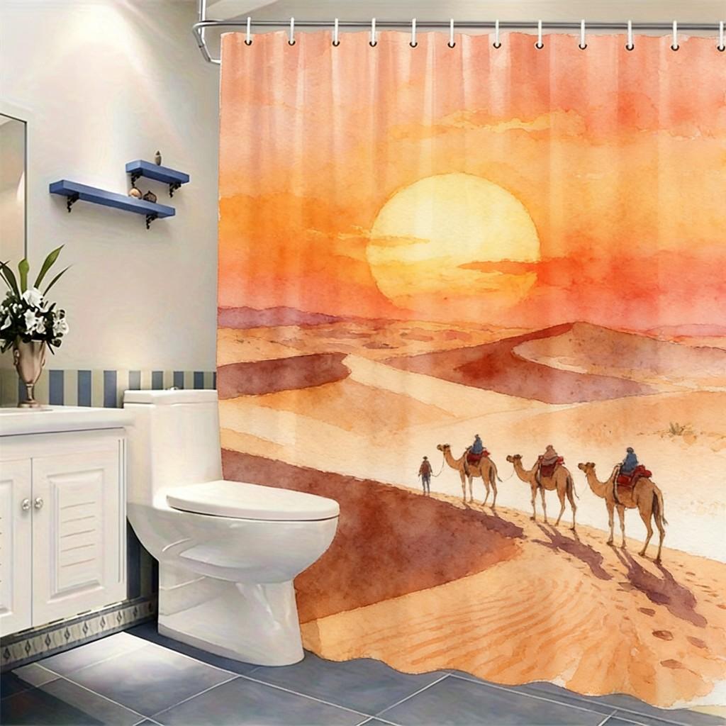 Watercolor Sunset Ocean Sailboat & Seagulls Waterproof Shower Curtain For Bathroom Decor