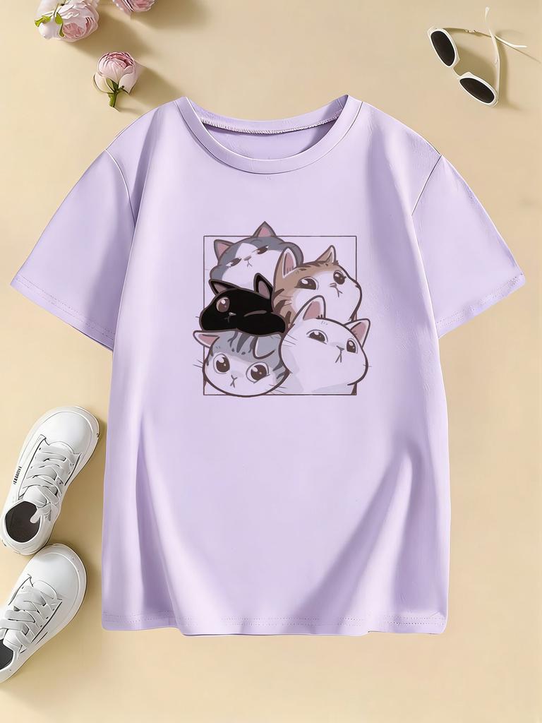 Y2K Cute Cat Graphic Kids Tshirts Summer Short Sleeve Tees Cartoon Animal Boys Girls Clothes Kawaii Kitten Tops Tshirt