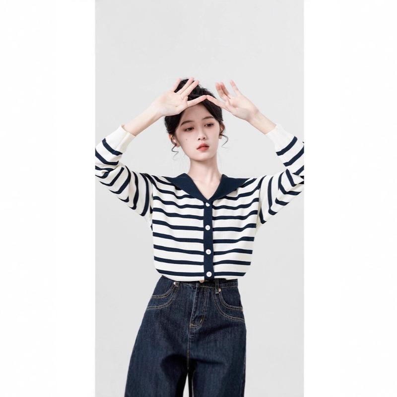 Navy Collar Long-sleeved Knitted Cardigan Women's Spring and Autumn New Design Sense Niche Contrasting Color Thin Sweater Short Top