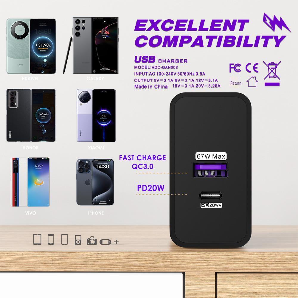 87W Fast Charging Dual-Port Charger Head - US/UK Standard, CE & FCC Certified