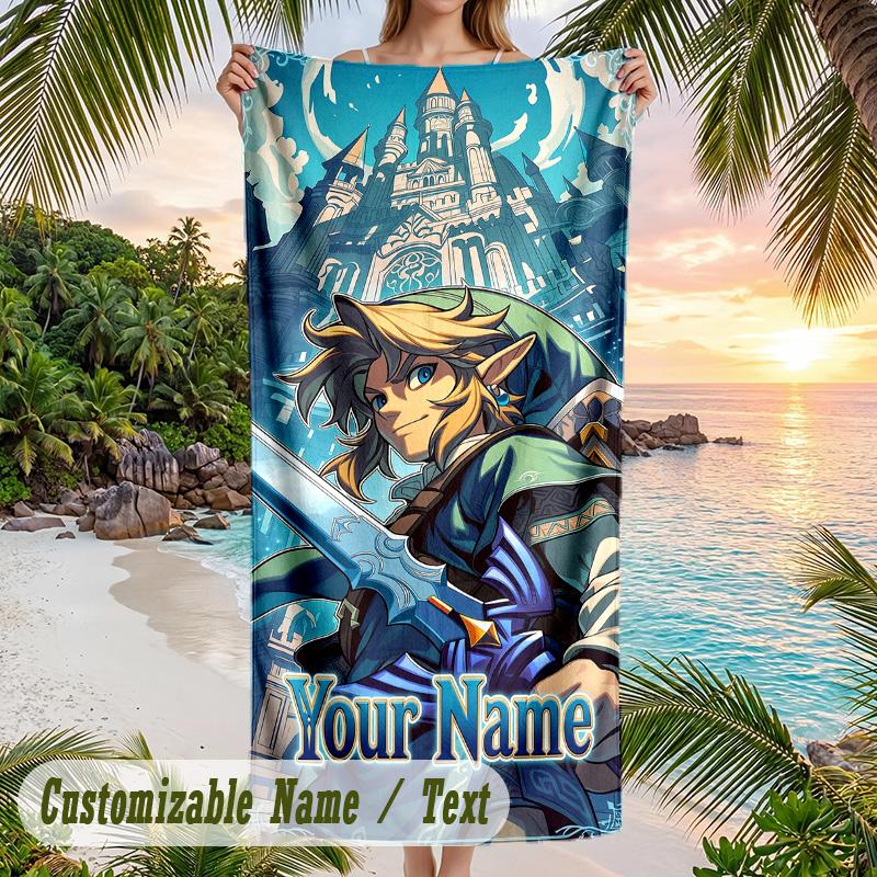 Zelda Beach Towel, Personalized Custom Text, Quick Dry Soft Large Towel For Swimming Pool Travel