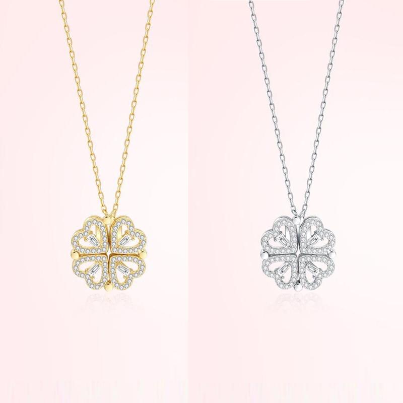 Heart Shaped & Four Leaf Clover Convertible Pendant Necklace Advanced Sense Necklace Crystals Jewelry for Women Girls