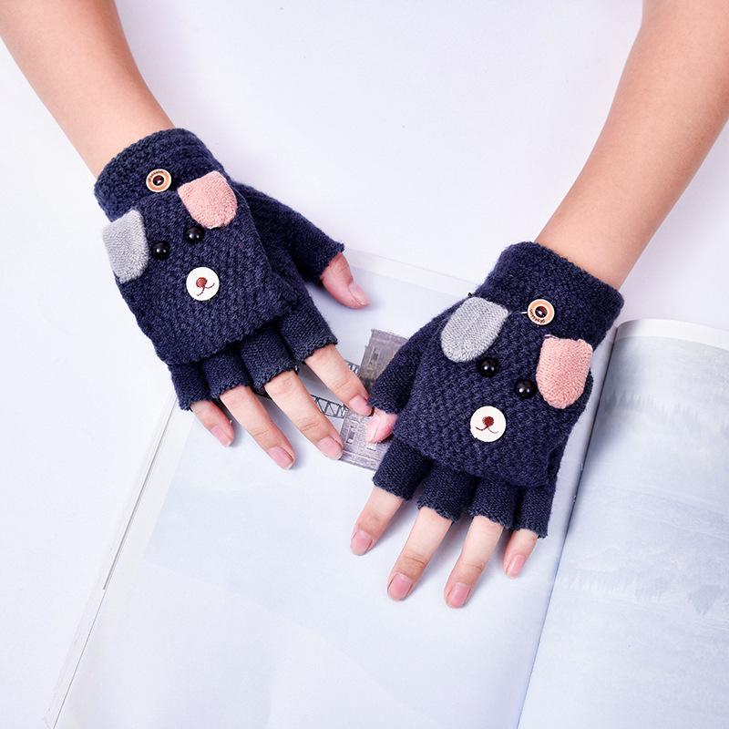 Kids' Cartoon Knitted Flip-Top Fingerless Winter Gloves - Unisex, Warm, Velvet-Lined, Thickened