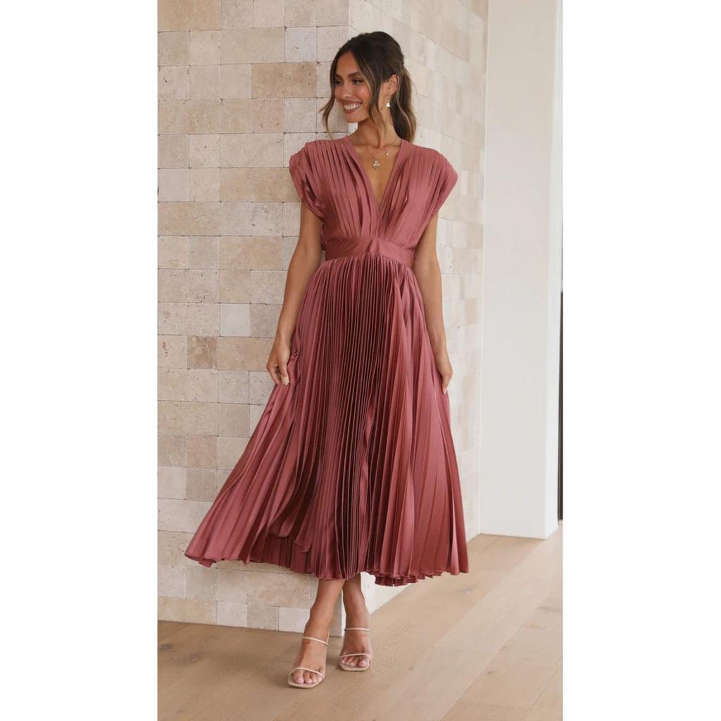 Women's V Neck Sleeveless Midi Dress Loose Mid Waist Pleated Satin Wedding Guest Sundress