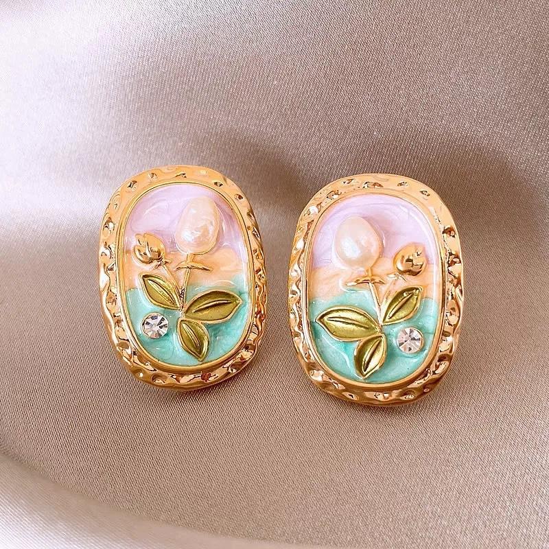 Monet garden oil painting style flower pearl earrings light luxury stud earrings French sweet small fresh earrings women