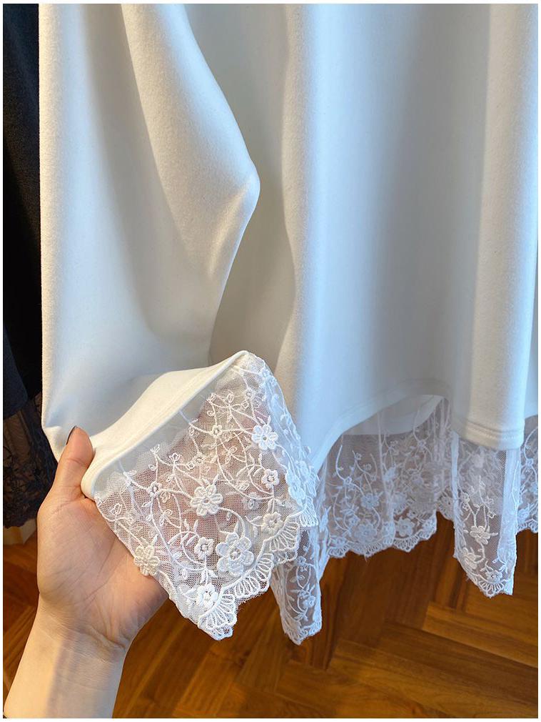 Women's White Patchwork Lace Long Sleeve T-shirt, Autumn/Winter 2025 - New Loose Fit, Slimming, Thickened Inner Layer