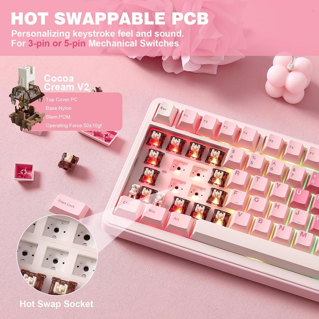 YUNZII B75 PRO Gasket Gaming Wireless Mechanical RGB Custom Keyboard for Certified for Technical Use Cocoa Cream V2 75% Keyboard, Keyboard,