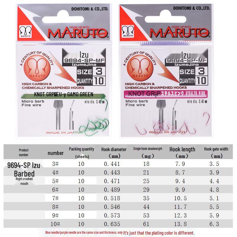 Japan Imported Tsuchihito Yaguchiyo Izu 9694 Fishing Hook – Purple & Green, Lightweight, Barbed, Crooked Mouth with Shank Groove. #3