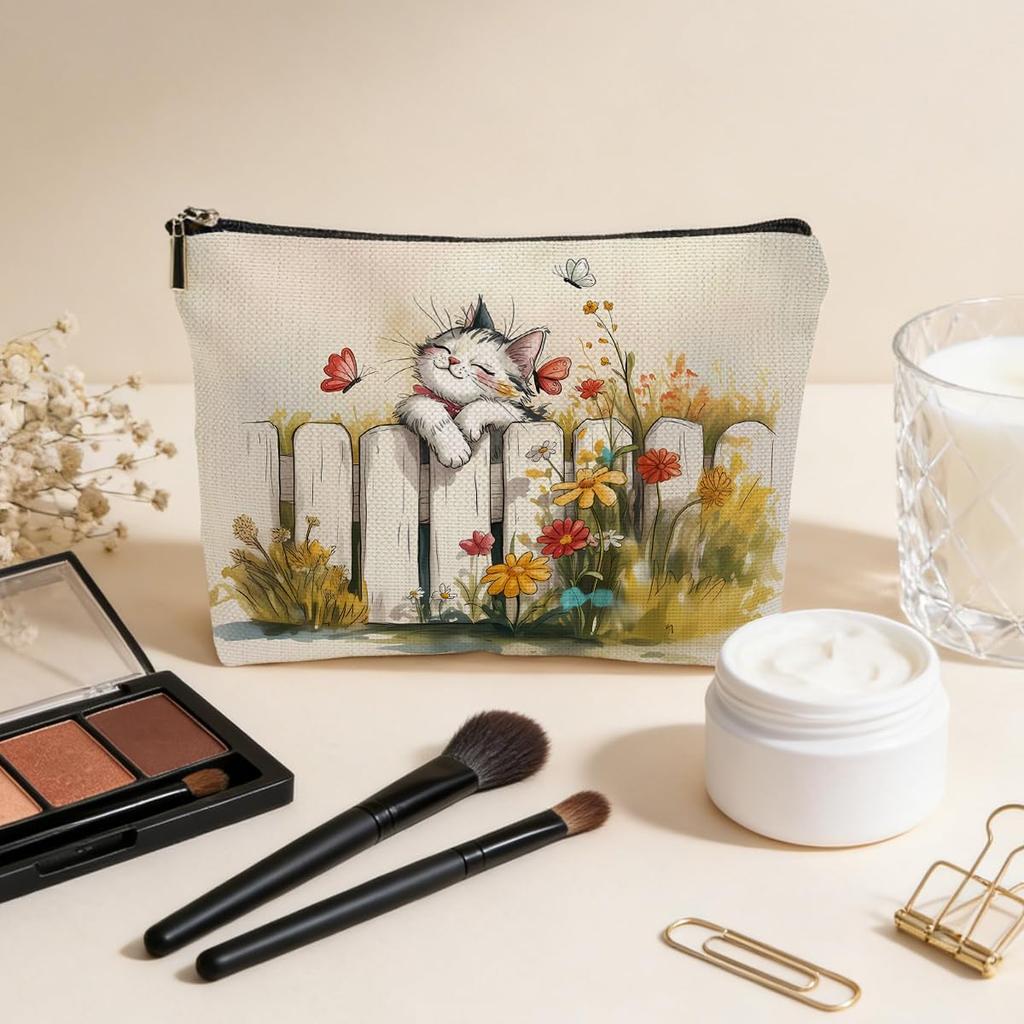 Cat Gifts for Women Bookshelf Makeup Bag Cats Floral Themed Cosmetic Bags Travel Organizer Bag Zipper Pouch Birthday Gift