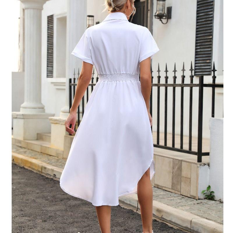 European and American Commuters' Young Polo Collar Single Breasted White Elastic Waistband Lace-up Split Short Sleeve Dress Women Dress