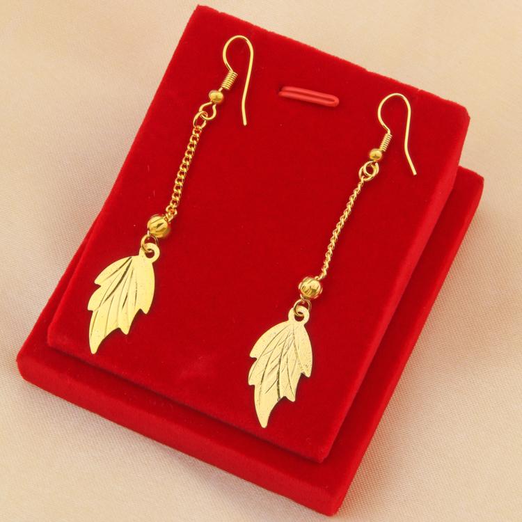 Cross-Border Hot Style Gold-Plated Brass 18K Korean Version Long Tassel Big Leaf Earrings  Jewelry