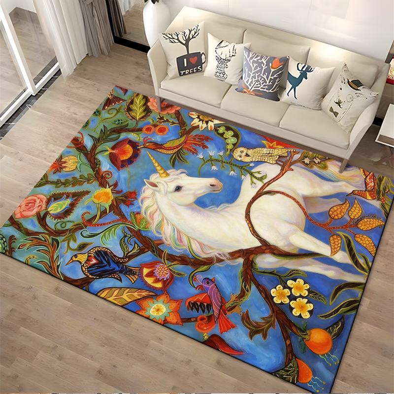 Colorful Unicorn and Nature-Inspired Carpet with Birds and Flowers Design Suitable for use as an anti-slip for living room bedroom sofas