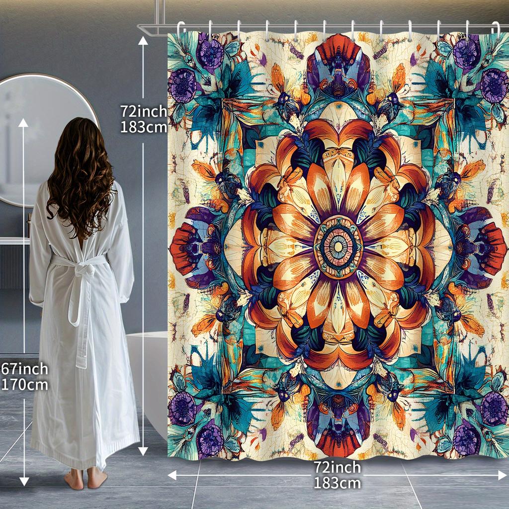 Bohemian Romantic Colorful Mandala Shower Curtain with 12 Hooks – Classic Decorative Print for Bathroom