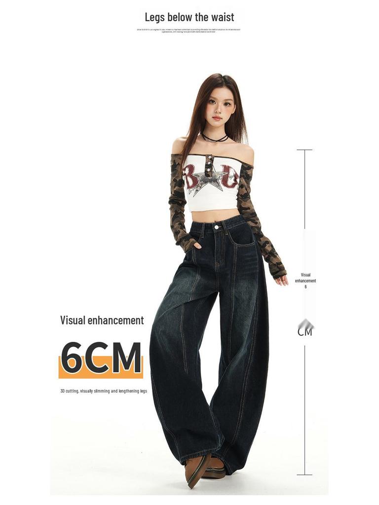 Women's Autumn High-Waisted Scimitar Jeans: Lazy Style Loose Wide-Leg Mop Pants