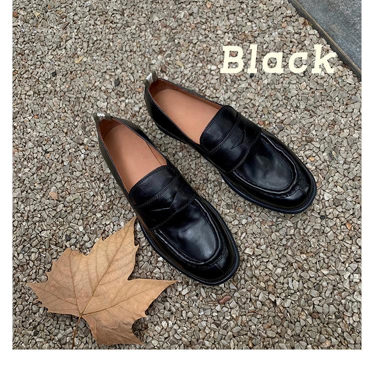 Rindslederversion Retro-Leder Schwarz Slipper Damen Dickabsatz Britischer Stil Kleine Lederschuhe Flachmund Ein Pedal Faule Lederschuhe