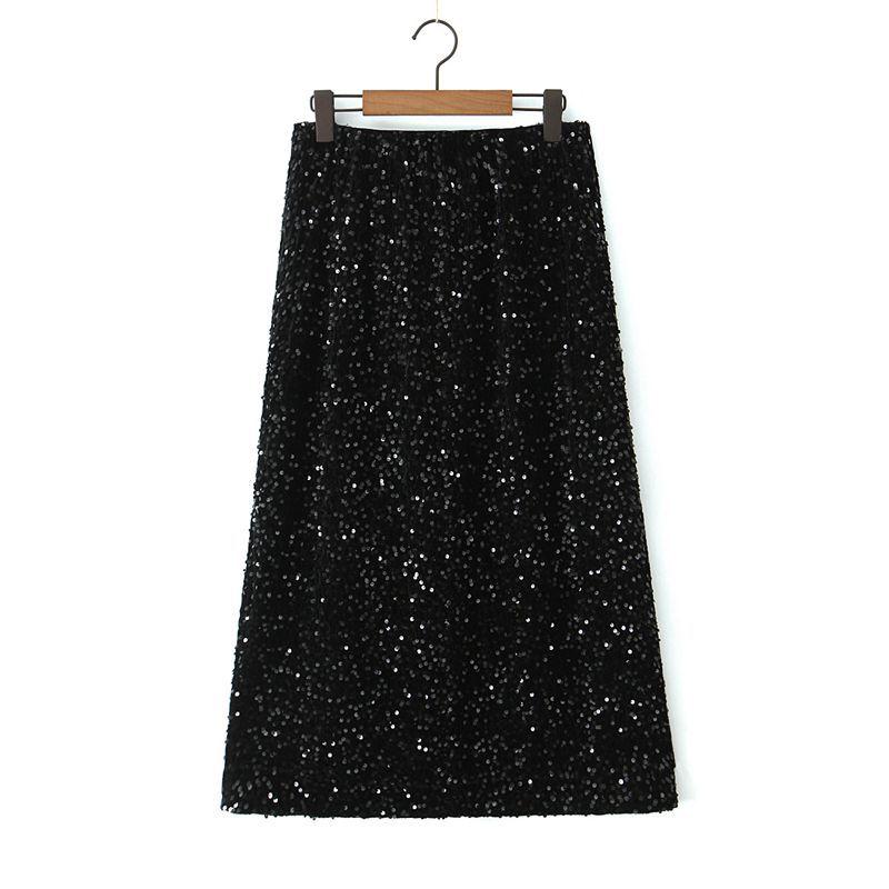 French Medium-Length High-Waisted Sequin Midi Skirt, Plus Size, Elastic Waist 3XL