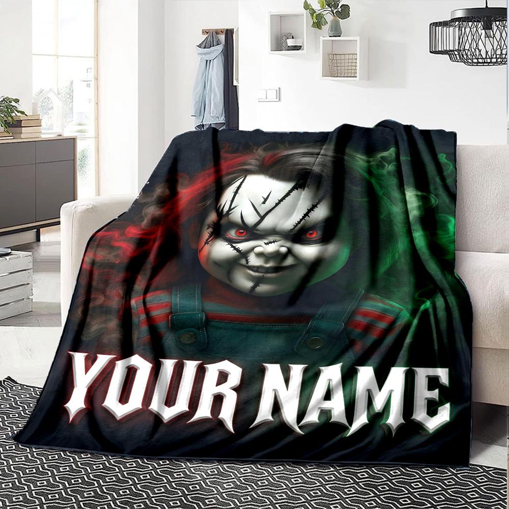 1pc Chucky Blanket with Custom Name, Gift, for Men and Women, Soft Blanket, Good for Sofa Bed Couch Travel, Lightweight Flannel Blanket