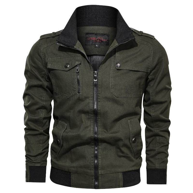 Casual Solid Color Jacket Zipper Pocket Stand-up Collar Large Size Coat Men's Pure Cotton Thin Autumn Top