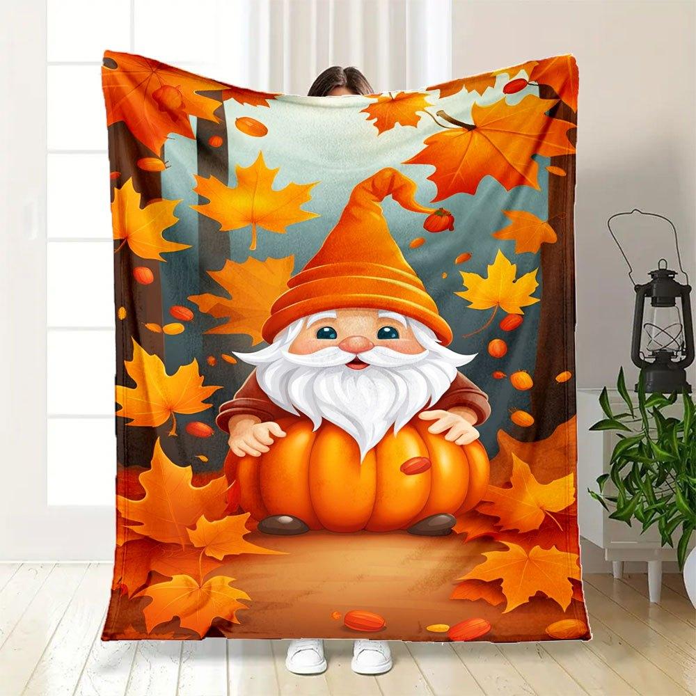 Autumn Gnome with Pumpkin Hat Fall Leaves WallpaperBlanket Flannel Throw Blanket for Sofa, Bed, Travel, Camping, Office