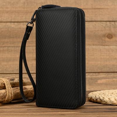Portafoglio Lungo in Fibra di Carbonio, Portafoglio Nero in Pelle a Doppia Cerniera, Pochette a Doppio Strato in Pelle di Mucca, Borsa per Cellulare da Lavoro Multi-Carte.
