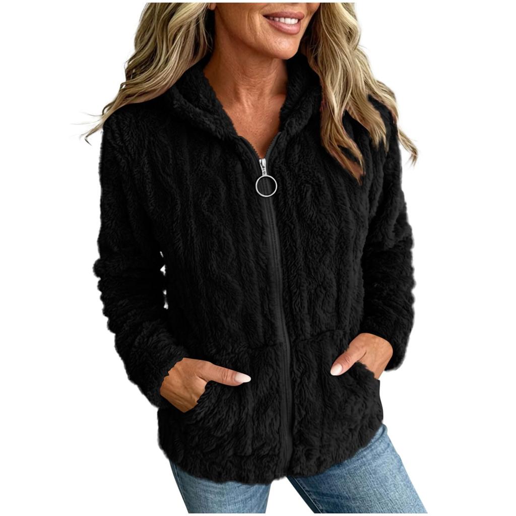 Women's Color Double-Sided Plush Hooded Zip-Up Cardigan Jacket
