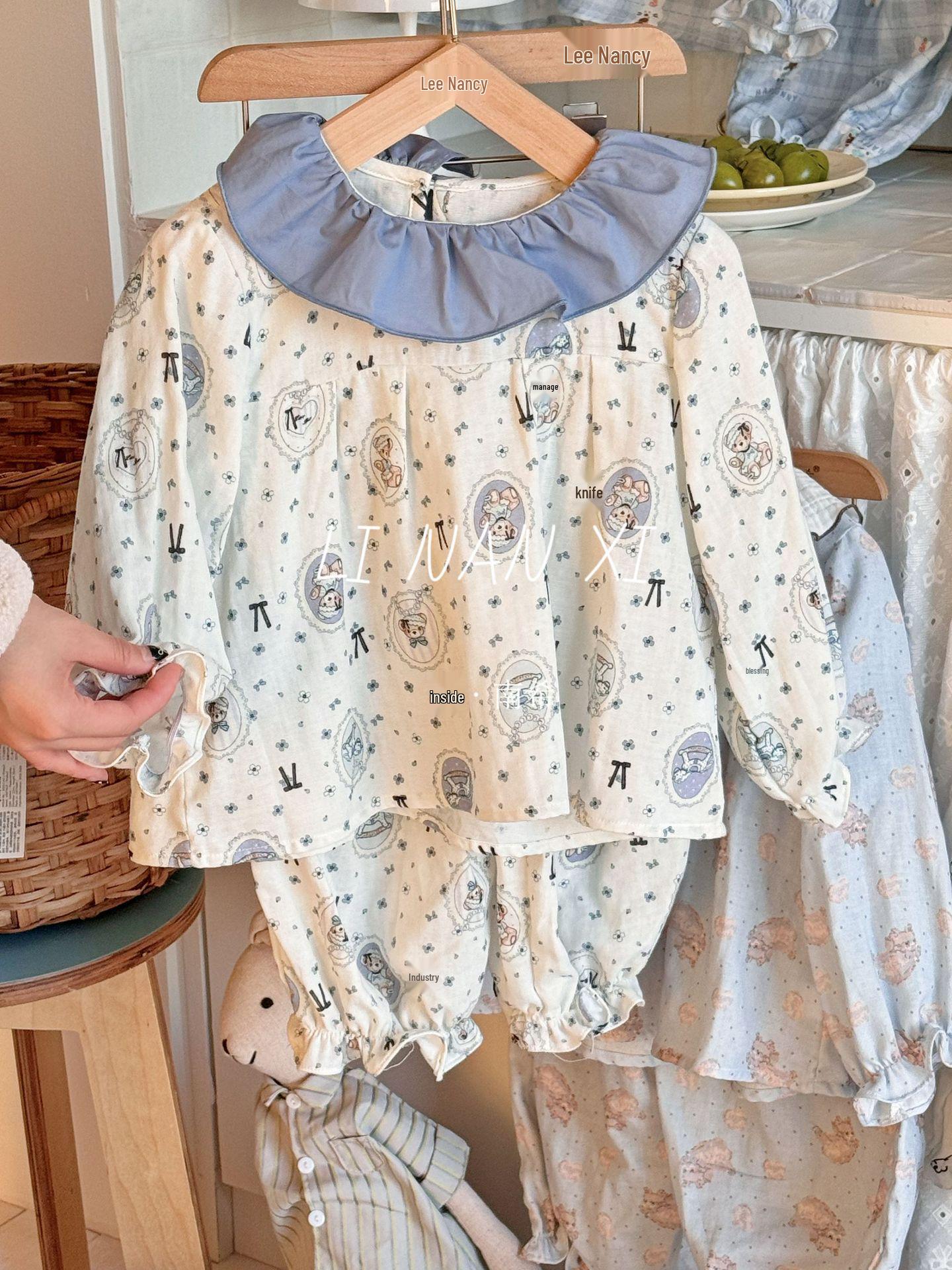 

Осенний комплект пижамы для маленькой принцессы 2025: Оборка по краю, воротник Питер Пэн, милая пижама 85025 130 cm