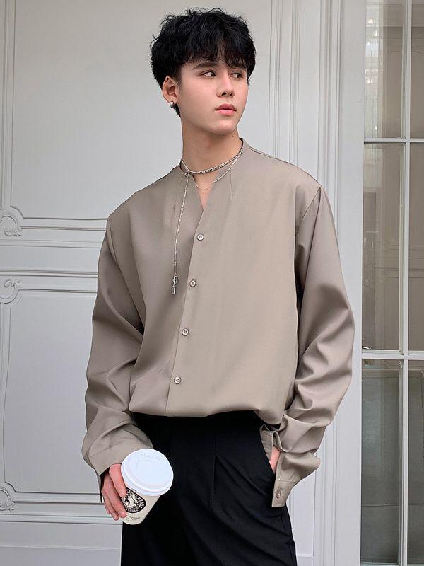 Men's Early Autumn Trendy Korean Ice Silk Long Sleeve Shirt