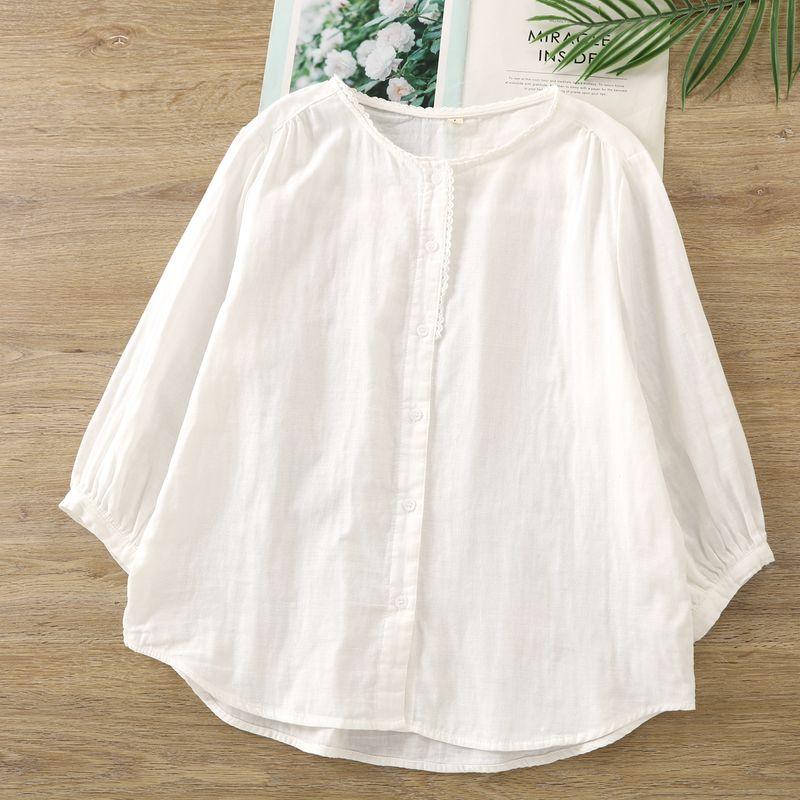 

Простые художественные двухслойные хлопковые рубашки без воротника с рукавами 3/4 для женщин, летние, мягкие, приятные к коже, дышащие, свободные, повседневные топы White M