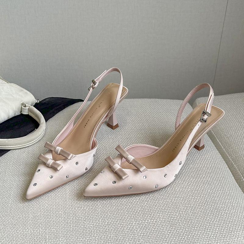 

A satin with diamonds pointed high heels women s stiletto temperament word bag head sandals wear spring and summer 39