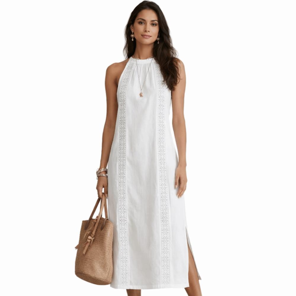 Neck Hanging Lace Splicing Dress Hollow Out Women's Summer Dress Sleeveless Dress  Beach Wear