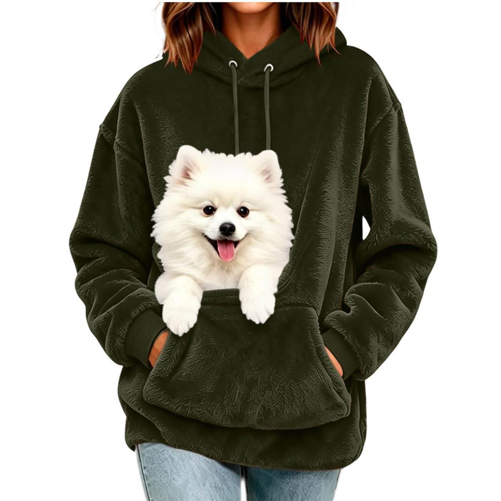 Huvtröja Dam Höst och Vinter Fleece Husdjursficka Med Huva Sweatshirt Rolig Pullover Topp Katt och Hundhållare Bärsele Huvtröjor