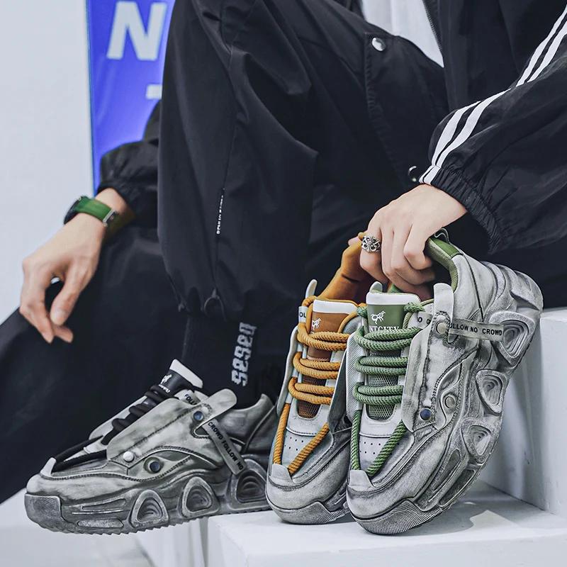 Chunky Sneaker Men Designer Distressed Sport Shoes Fashion Casual Leather Fabric Breathable Height Increased Flat Platform Shoes