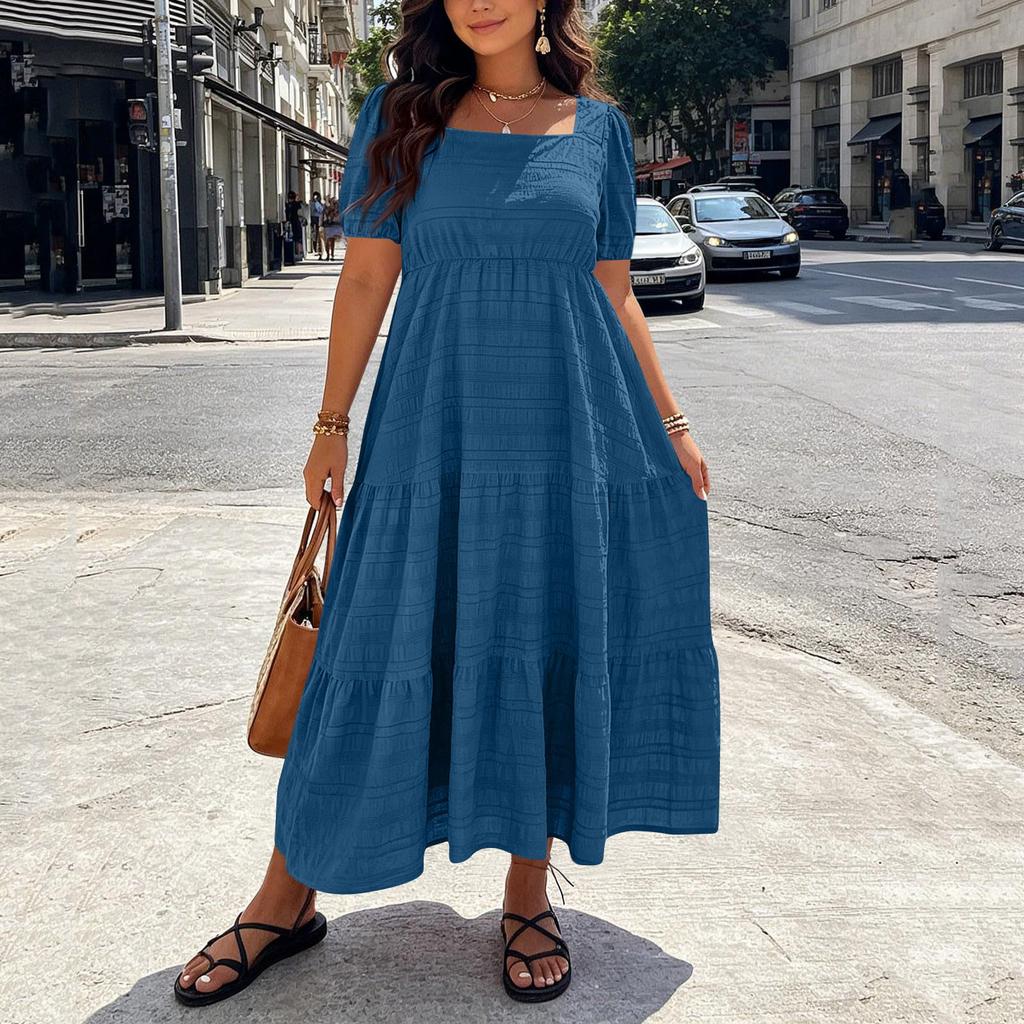 Women Plus Size Bohemian Maxi Dress Square Neck Puff Sleeve Loose Fit Casual Long Dress for Summer Beachwear