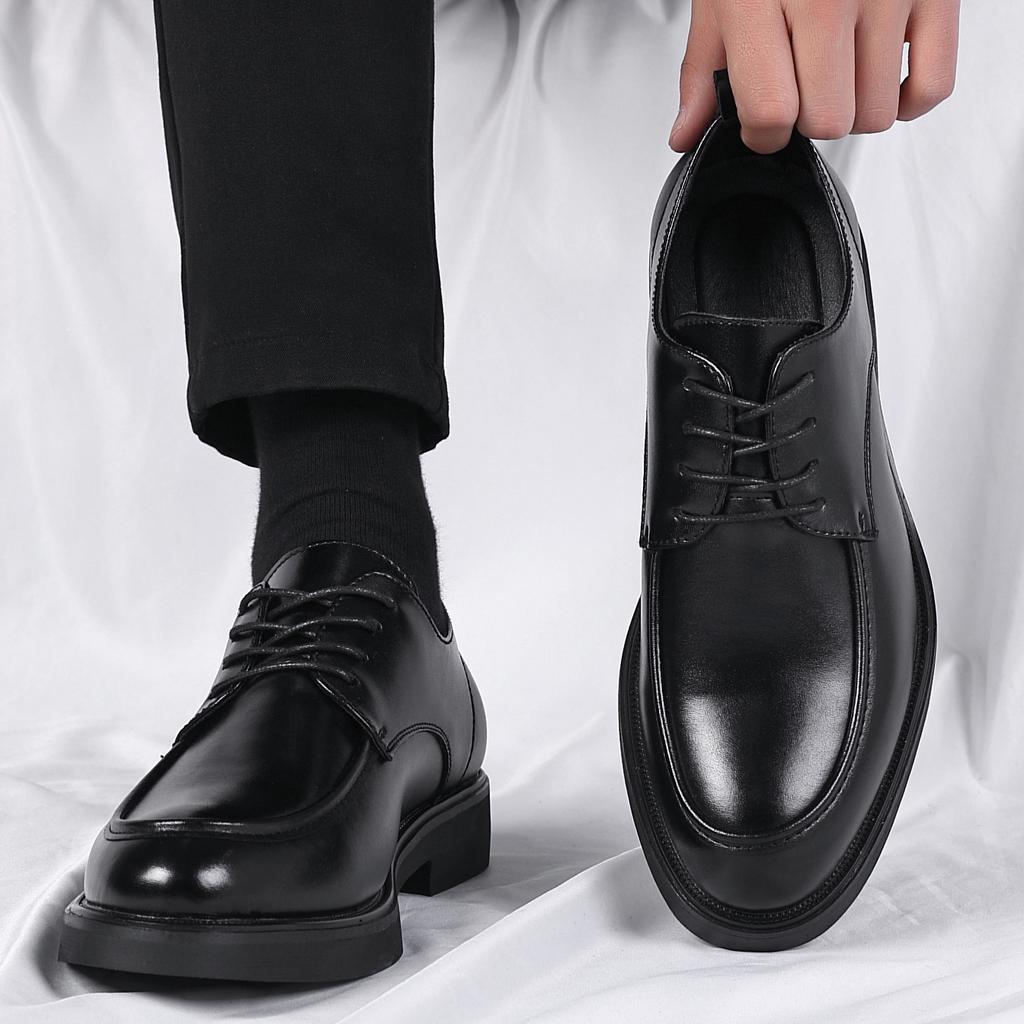 British business dress wedding groom leather shoes men's Korean version autumn black leather breathable inner height increase casual shoes