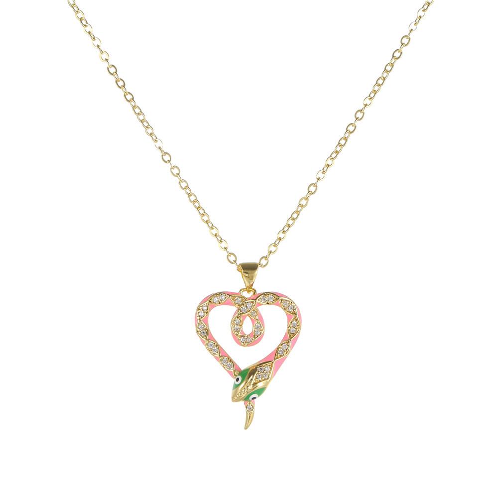 Luxury Copper Snake-Heart Pendant Necklace with Zircon & Glaze