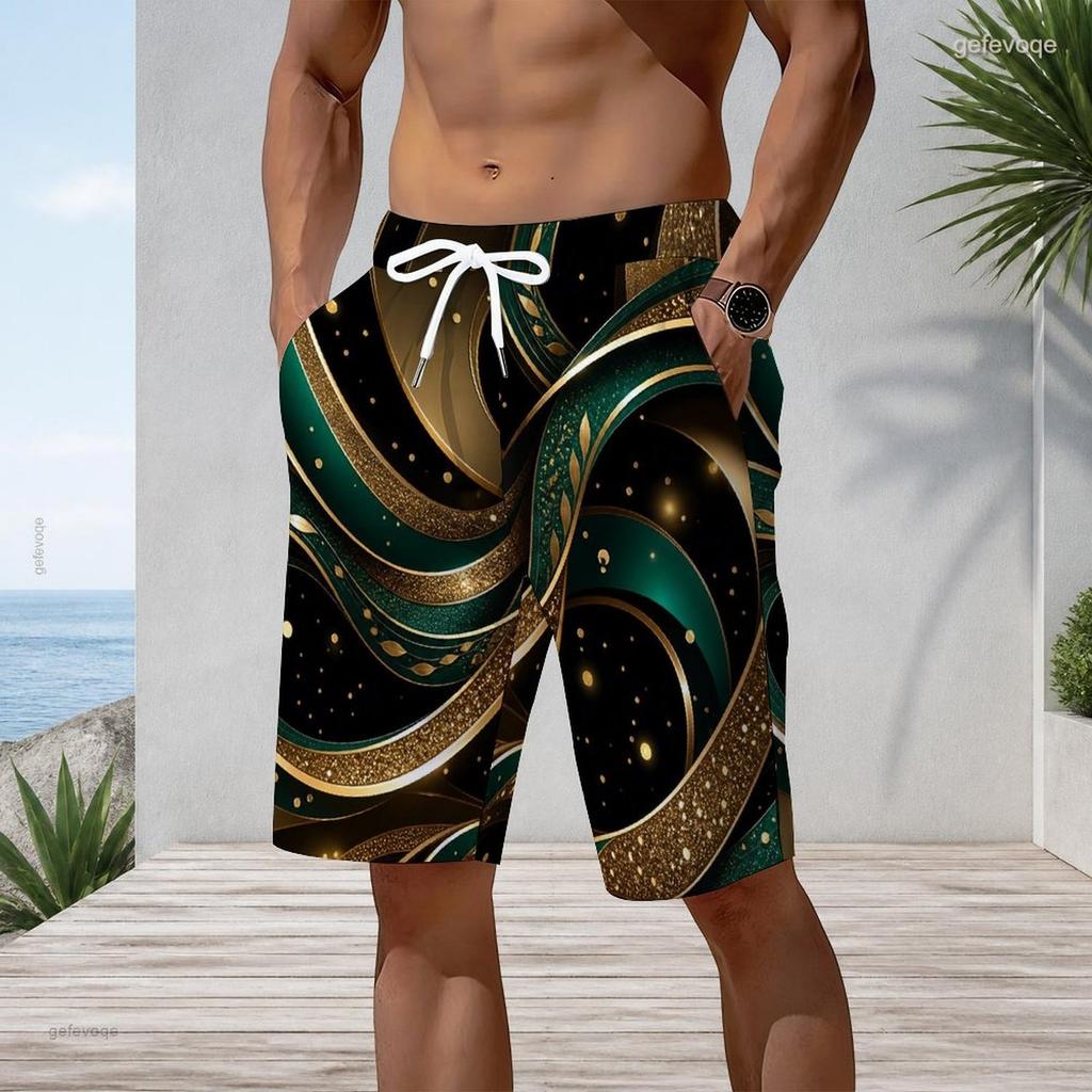 Mens Black Gold Glitter Drip Print Quick Dry Beach Shorts Plus Size Drawstring Loose Swim Trunks For Summer Surfing Swimming Vacation
