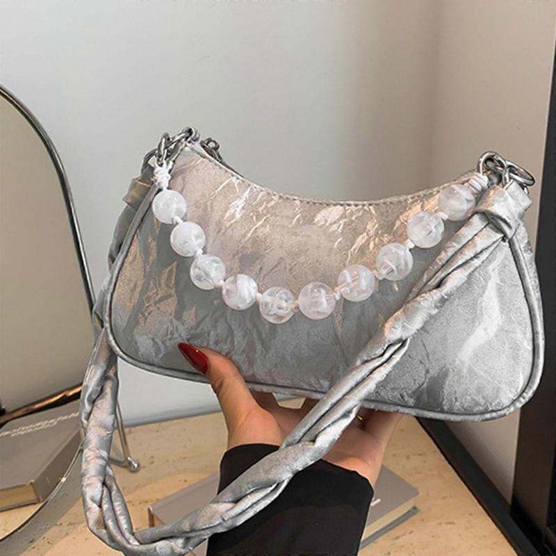 Women Armpit Bag PU Leather Shoulder Bag Elegant Handbag Solid Color Underarm Bag Fashion Shopping Dating Bag for Daily Silver less