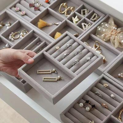 Grey Flannel Jewelry Storage Box Household Drawer Earrings Necklace Ring Tray Head Rope Ear Clip Display Storage Tray Box New