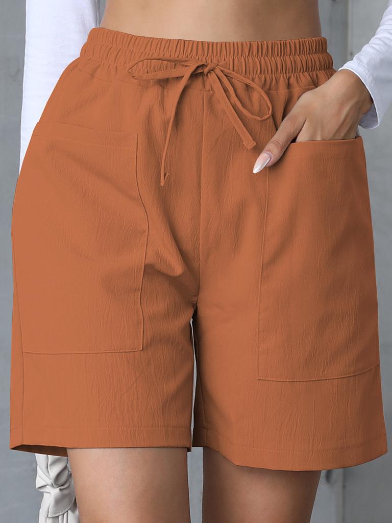 Summer new loose linen casual solid color high waist pocket drawstring large size shorts women