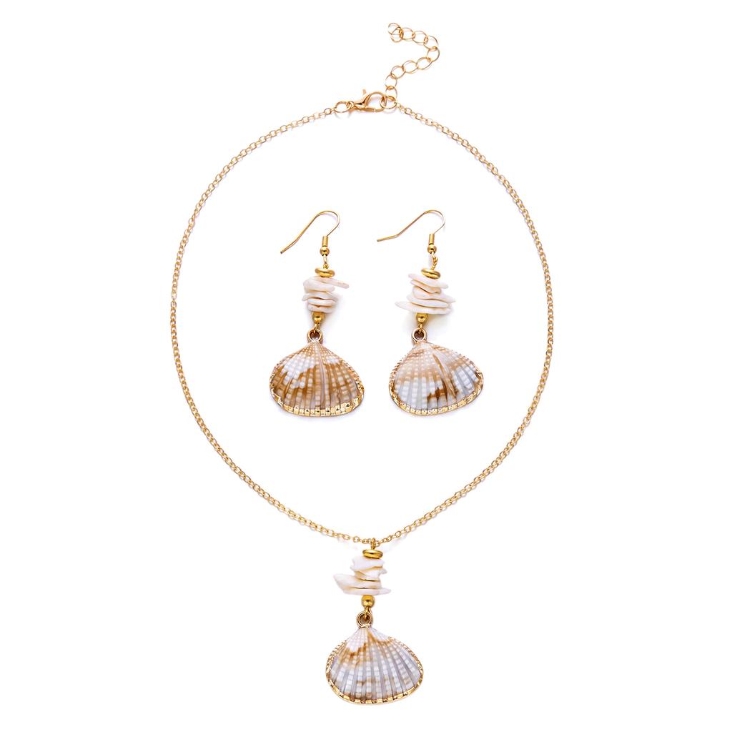 Bohemian Shell Necklace Earrings Set for Women Trendy Scallop Gold Plated Dangle Earring Clavicle Chain Party Jewelry Gift