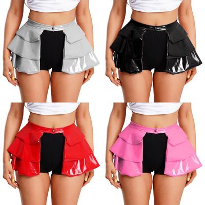 Women's Pole Dance Nightwear Skirt S-3XL: PU Glossy Front Open One-Button Waist Mini with Ruffled Hem