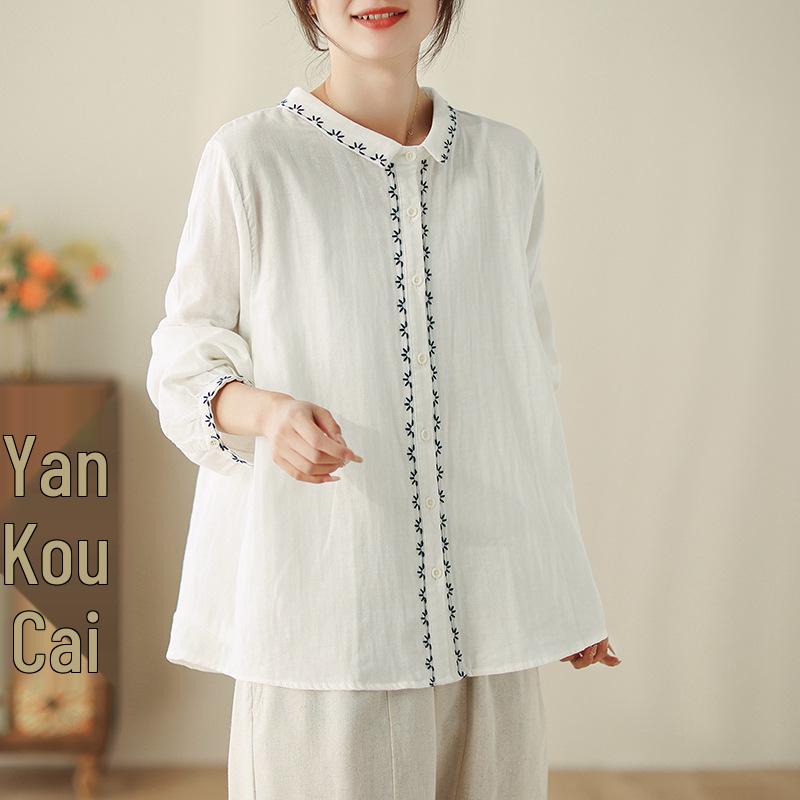 2025 Retro Art Women's Embroidered Lapel Shirt - Comfortable Spring Top