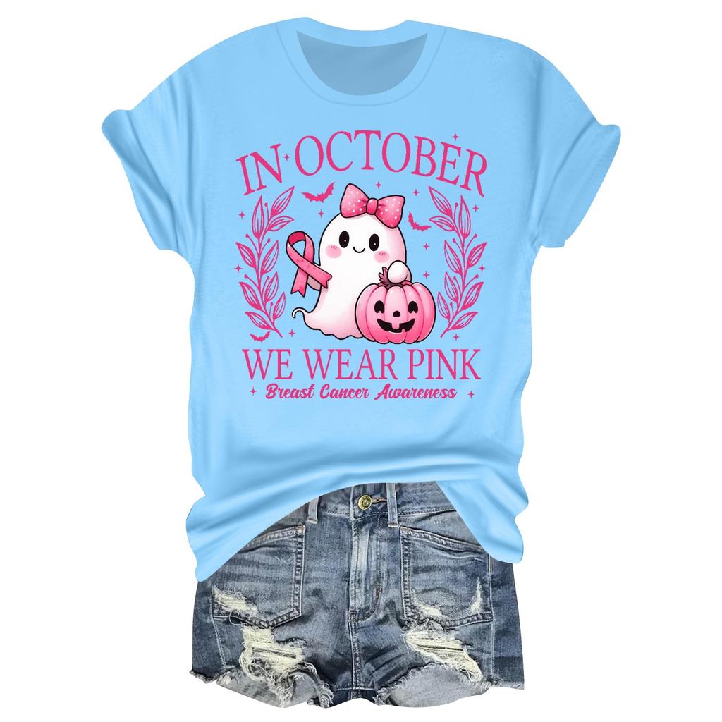 Women's Casual Halloween Breast Print T-Shirt Round Neck Pullover Short Sleeve Top